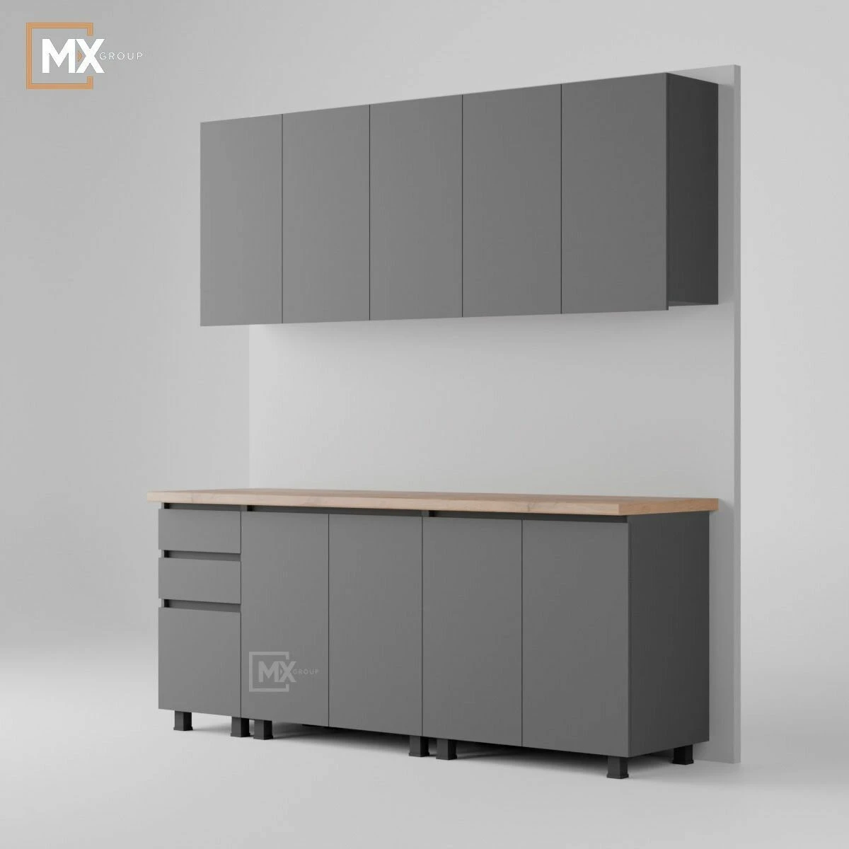 Кухонный гарнитур (кухня) Ричард Челси Мори Графит, столешница Дуб кера 38 мм 2000х2178х600 мебельный РАЙ