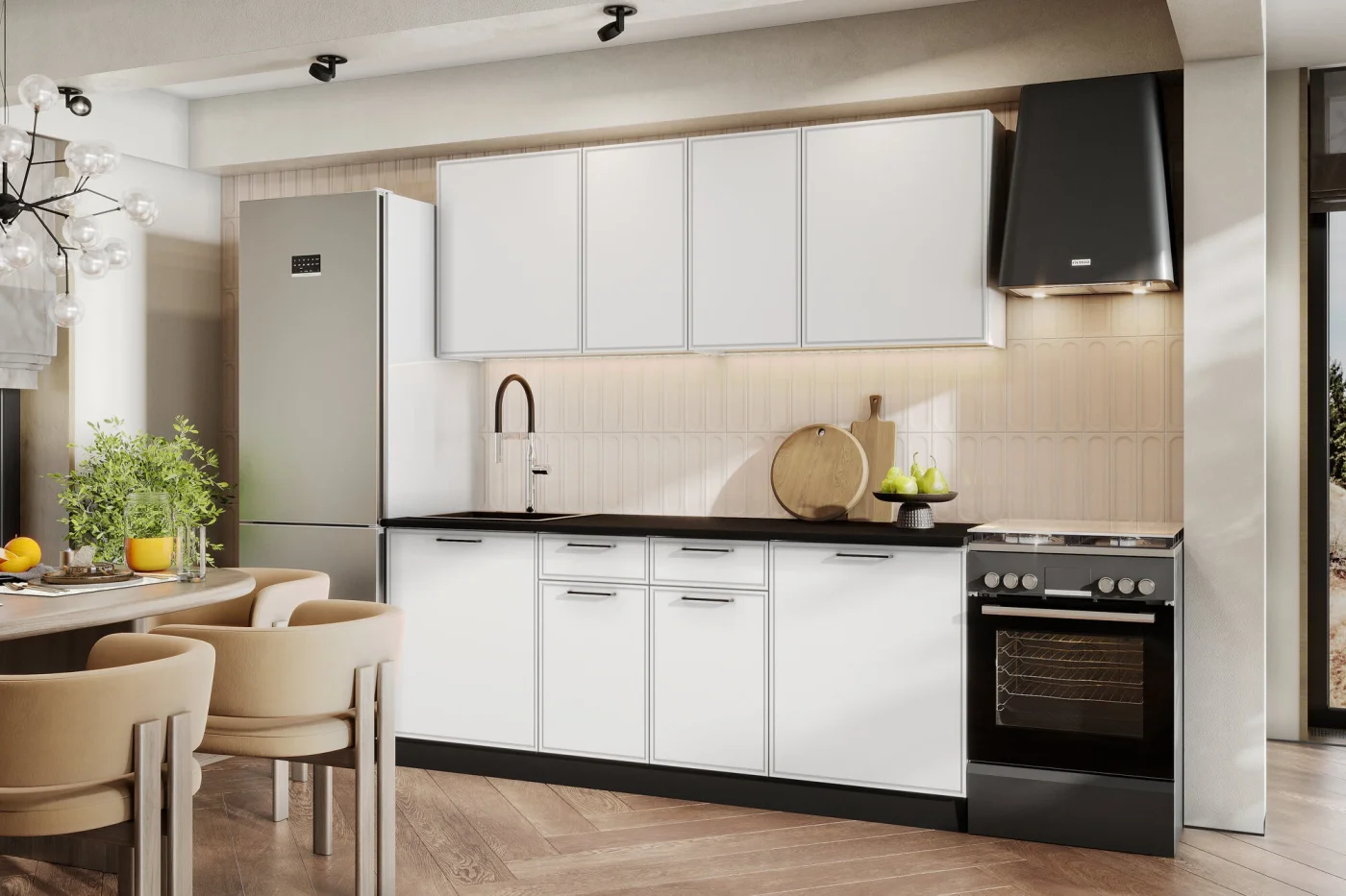 Кухонный гарнитур кухня "Арнуво" 2 м с цельной столешницей, бланж-белый мдф-ЛДСП