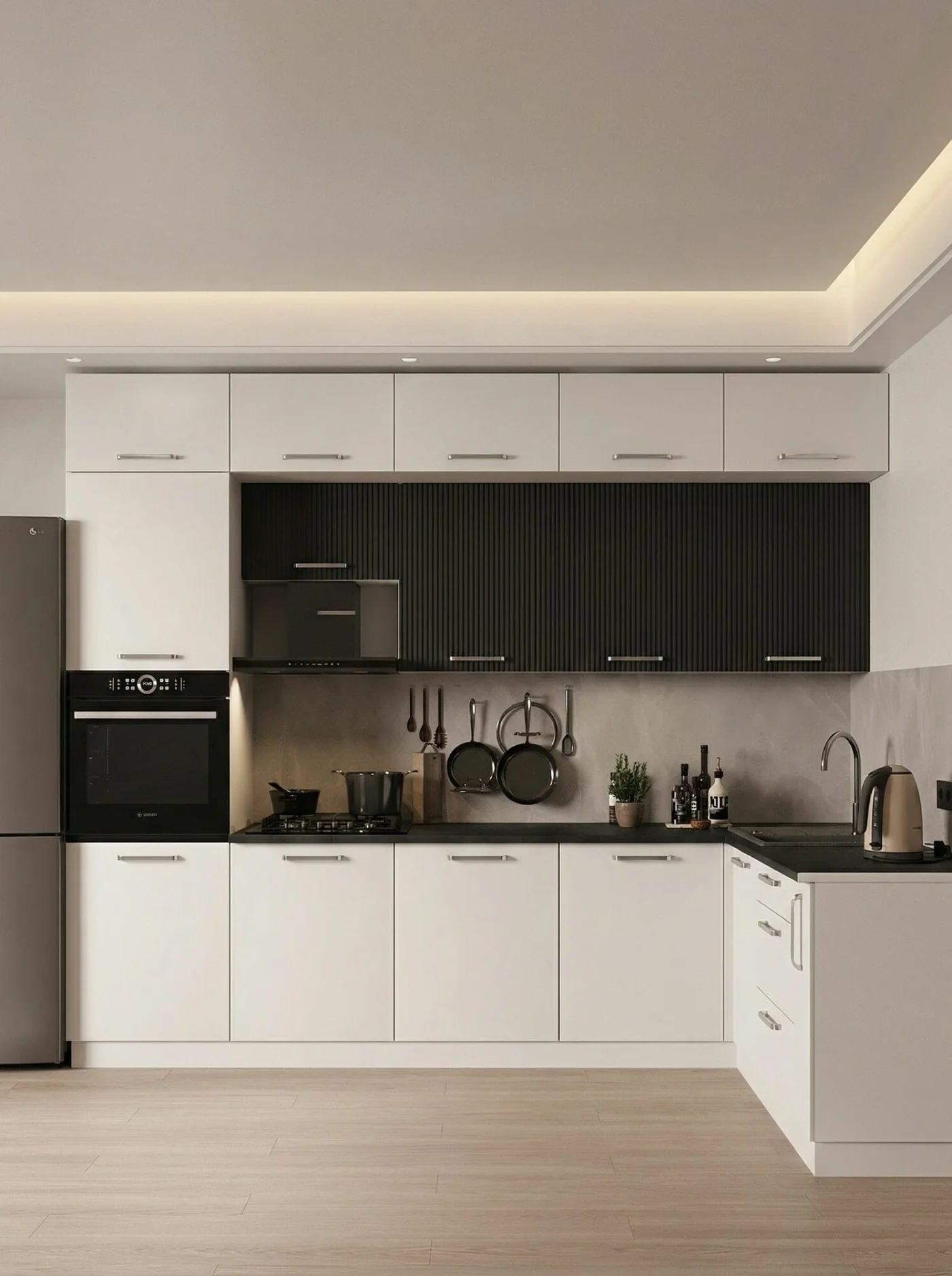 Угловой кухонный гарнитур Миксы 3,0х1,8м белый софт/графит софт без столешницы, ЛДСП/МДФ